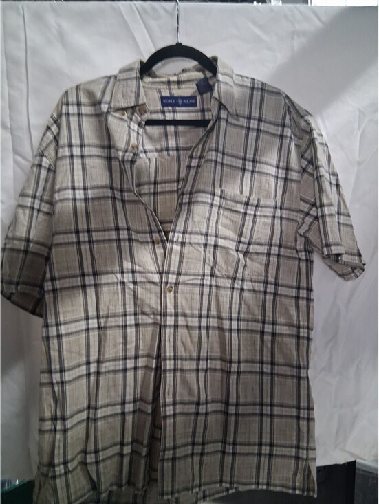 Other - Vintage World Island Button Up Short Sleeve 100% Cotton Brown Plaid G2